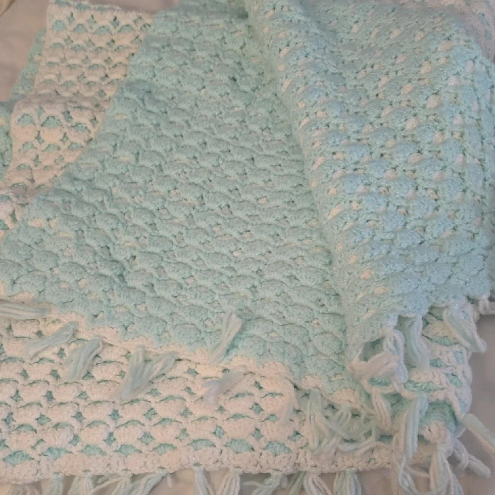 Handmade Afghan Knit Baby Blanket - White and Mint Green